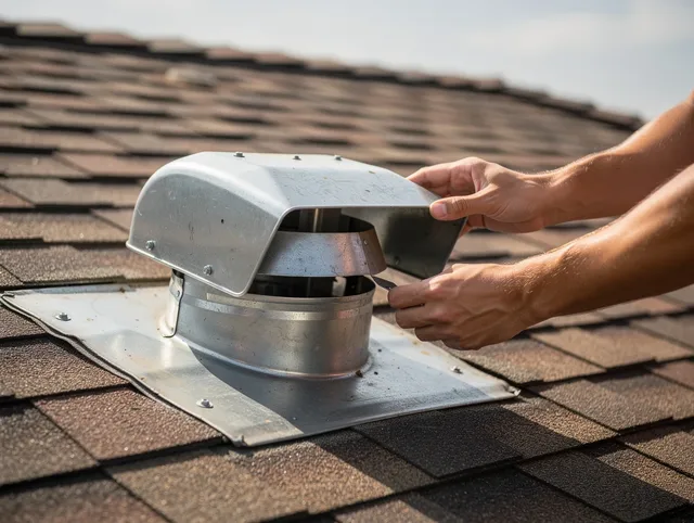 Lynnfield Dryer Vent Cleaning certified technician safely cleaning a roof-mounted dryer vent in Lynnfield