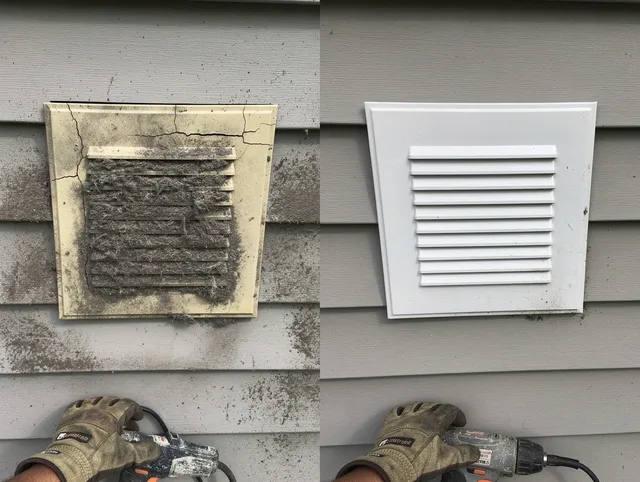Lynnfield Dryer Vent Cleaning technician installing high-quality dryer vent cover at a residential property in Lynnfield