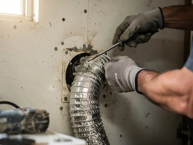 Lynnfield Dryer Vent Cleaning technician performing precise dryer vent hose installation in Lynnfield